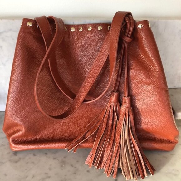LAGGO Remy British Tan Leather Gold Studded Tassel Tote Bag NWOT - Picture 4 of 17